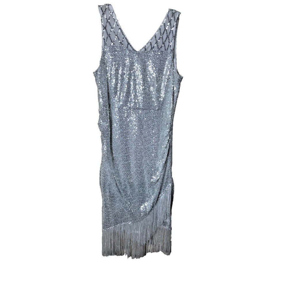 NWT Belle Poque Elegant Retro Silver Sequin Cocktail Dress Size XL